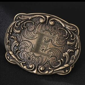 Western Initial “E” Belt Buckle – Monogram Floral Scroll – Cowboy Cowgirl